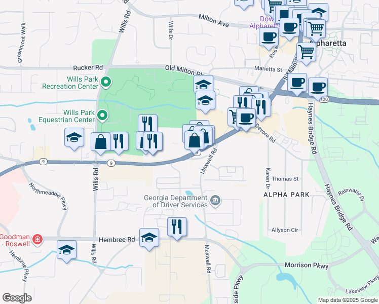 map of restaurants, bars, coffee shops, grocery stores, and more near in Roswell