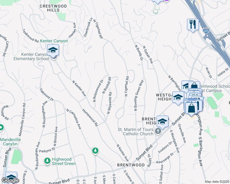 map of restaurants, bars, coffee shops, grocery stores, and more near 463 North Greencraig Road in Los Angeles