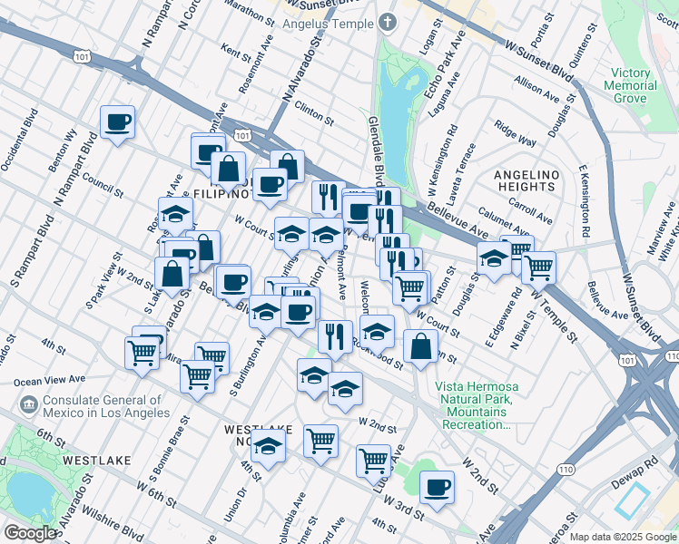 map of restaurants, bars, coffee shops, grocery stores, and more near 1647 West Court Street in Los Angeles