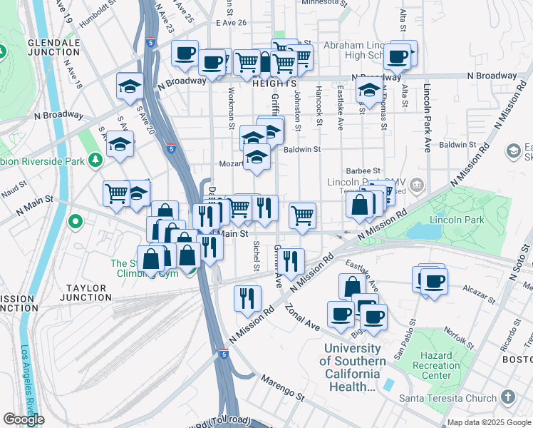 map of restaurants, bars, coffee shops, grocery stores, and more near 1911 Griffin Avenue in Los Angeles