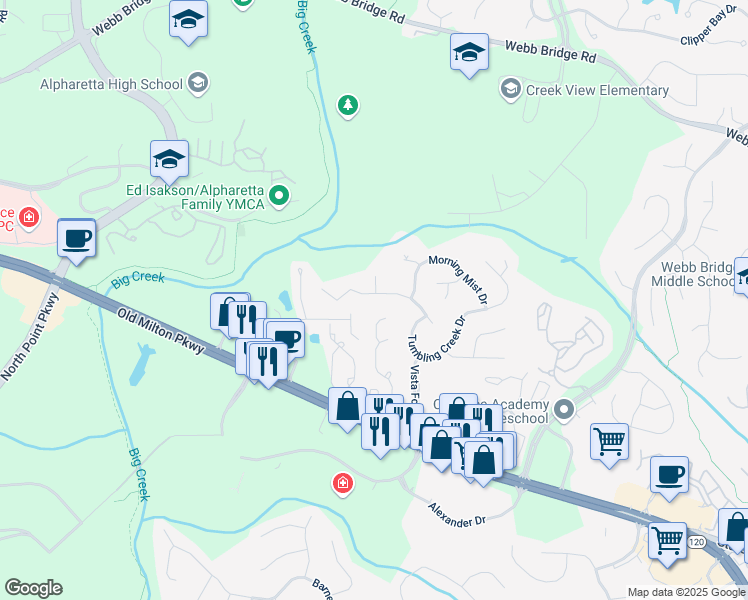 map of restaurants, bars, coffee shops, grocery stores, and more near 495 Summer Breeze Court in Alpharetta