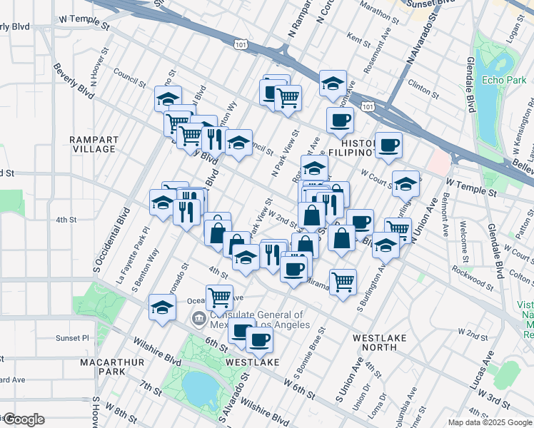 map of restaurants, bars, coffee shops, grocery stores, and more near 2330 West 2nd Street in Los Angeles