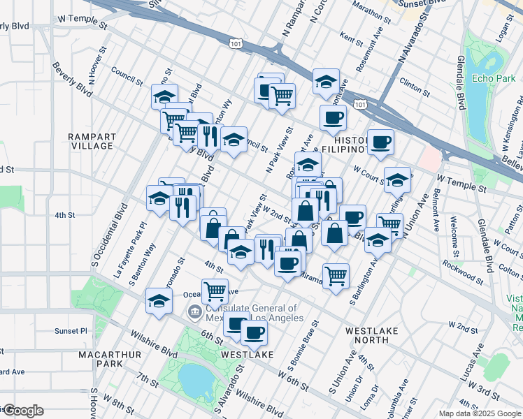 map of restaurants, bars, coffee shops, grocery stores, and more near 2330 West 2nd Street in Los Angeles