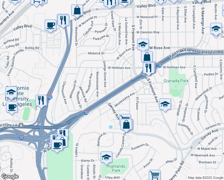 map of restaurants, bars, coffee shops, grocery stores, and more near 2809 West Ramona Road in Alhambra