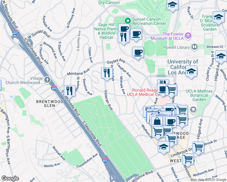 map of restaurants, bars, coffee shops, grocery stores, and more near 545 Kelton Avenue in Los Angeles