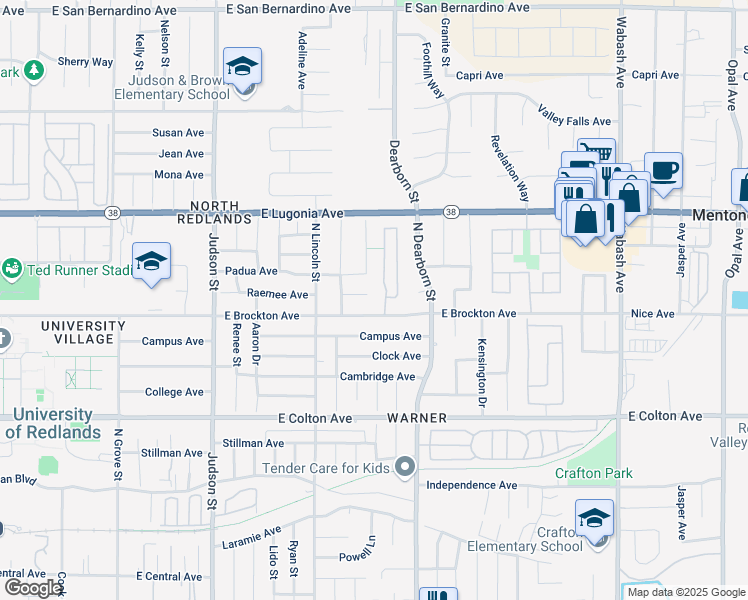 map of restaurants, bars, coffee shops, grocery stores, and more near 1534 Emilia Way in Redlands
