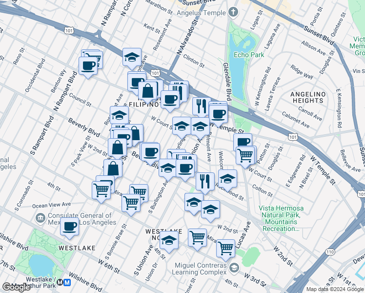map of restaurants, bars, coffee shops, grocery stores, and more near 234 North Burlington Avenue in Los Angeles