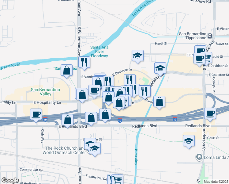 map of restaurants, bars, coffee shops, grocery stores, and more near 550 East Hospitality Lane in San Bernardino