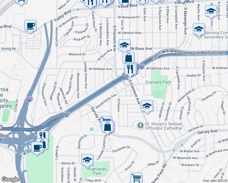 map of restaurants, bars, coffee shops, grocery stores, and more near 2611 Montezuma Avenue in Alhambra