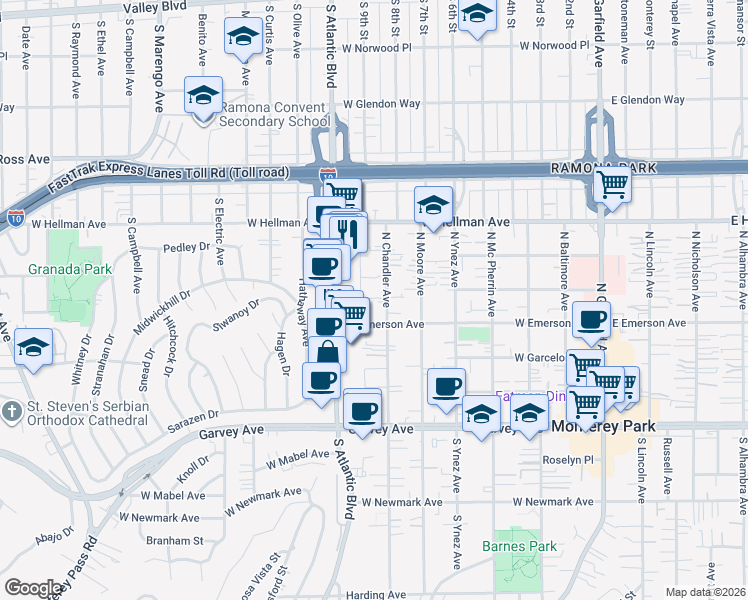 map of restaurants, bars, coffee shops, grocery stores, and more near in Monterey Park