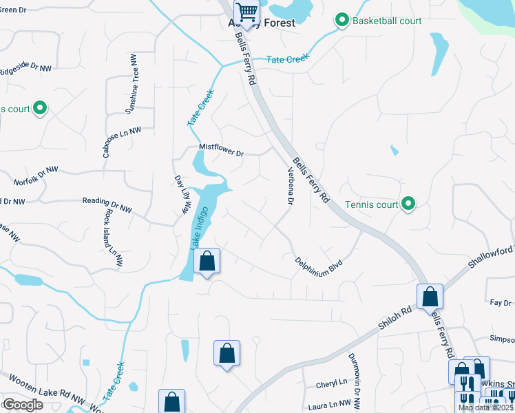 map of restaurants, bars, coffee shops, grocery stores, and more near 607 Delphinium Boulevard in Acworth