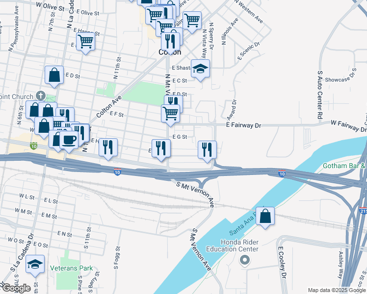 map of restaurants, bars, coffee shops, grocery stores, and more near 2 North Mount Vernon Avenue in San Bernardino