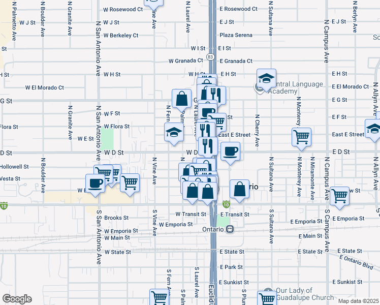 map of restaurants, bars, coffee shops, grocery stores, and more near 214 West D Street in Ontario