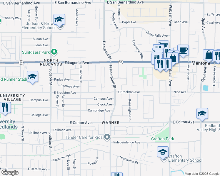 map of restaurants, bars, coffee shops, grocery stores, and more near 1570 Dover Court in Redlands