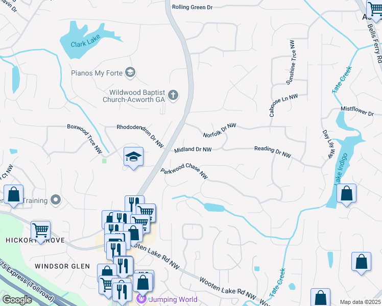 map of restaurants, bars, coffee shops, grocery stores, and more near 1149 Midland Drive Northwest in Acworth