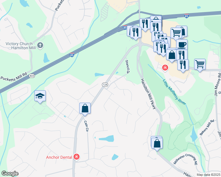 map of restaurants, bars, coffee shops, grocery stores, and more near 3202 Garden Valley Court in Dacula