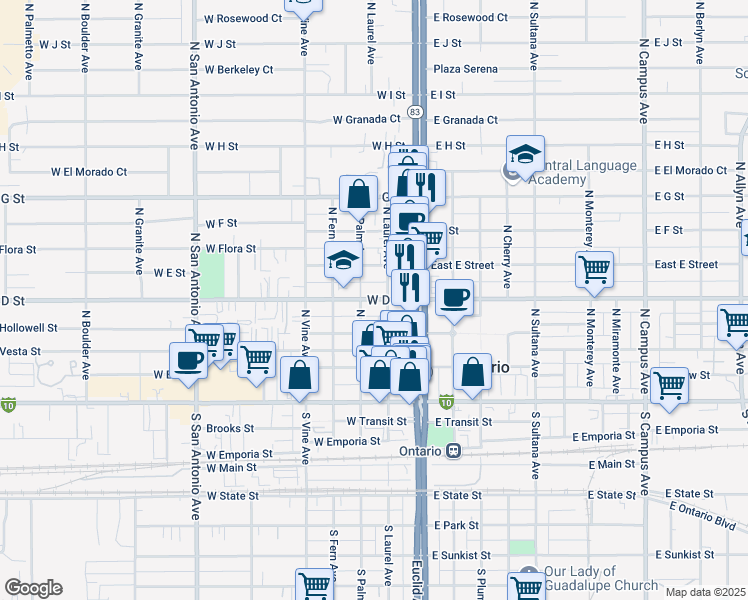 map of restaurants, bars, coffee shops, grocery stores, and more near 324 North Laurel Avenue in Ontario