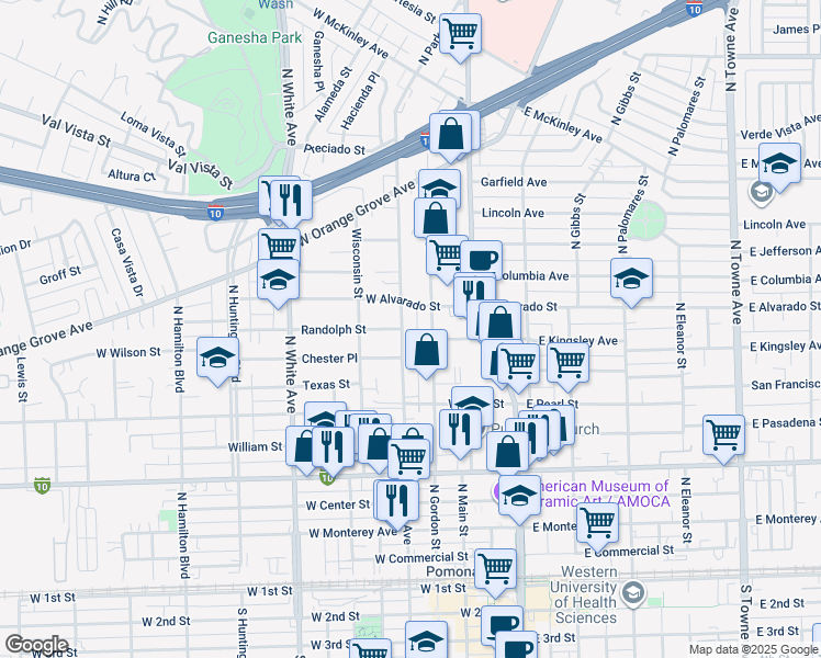 map of restaurants, bars, coffee shops, grocery stores, and more near 844 North Park Avenue in Pomona