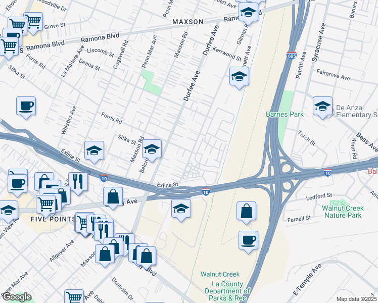 map of restaurants, bars, coffee shops, grocery stores, and more near 3545 Gilman Road in El Monte