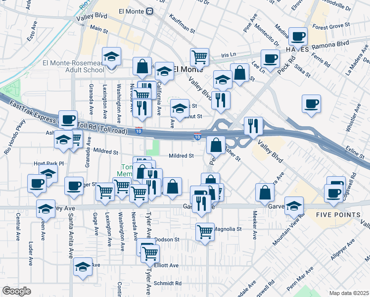 map of restaurants, bars, coffee shops, grocery stores, and more near 11209 Mildred Street in El Monte