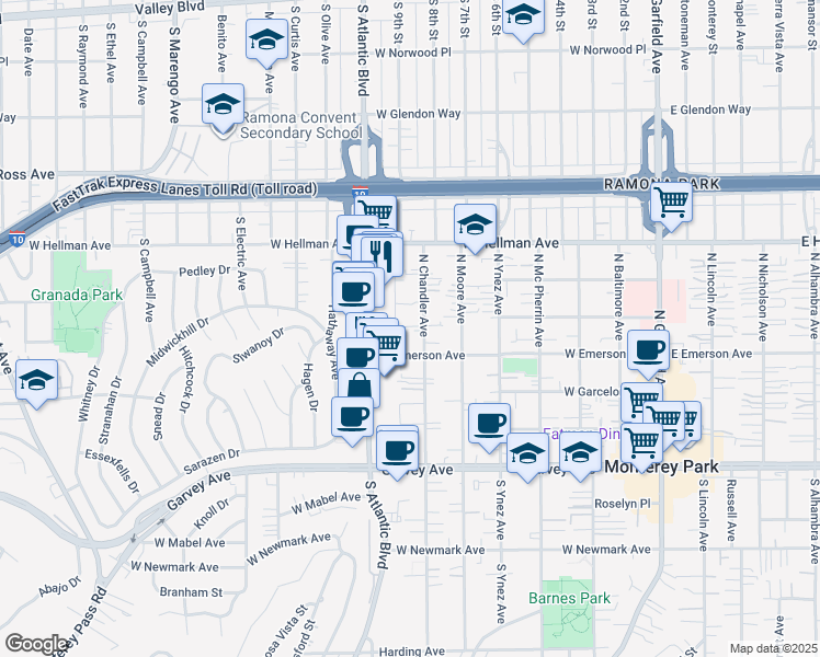 map of restaurants, bars, coffee shops, grocery stores, and more near 407 North Chandler Avenue in Monterey Park