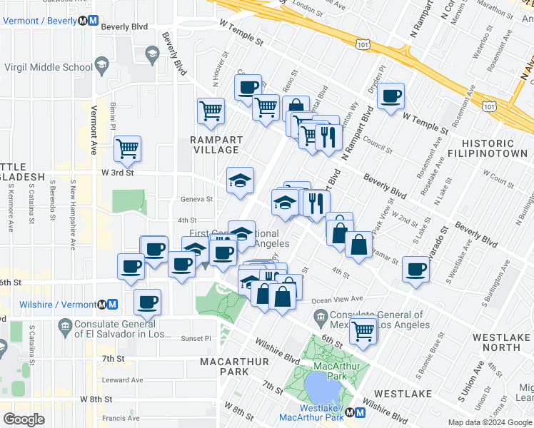 map of restaurants, bars, coffee shops, grocery stores, and more near 310 South La Fayette Park Place in Los Angeles