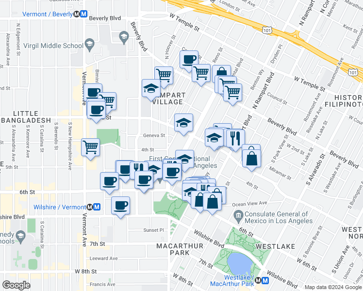 map of restaurants, bars, coffee shops, grocery stores, and more near 336 South Occidental Boulevard in Los Angeles