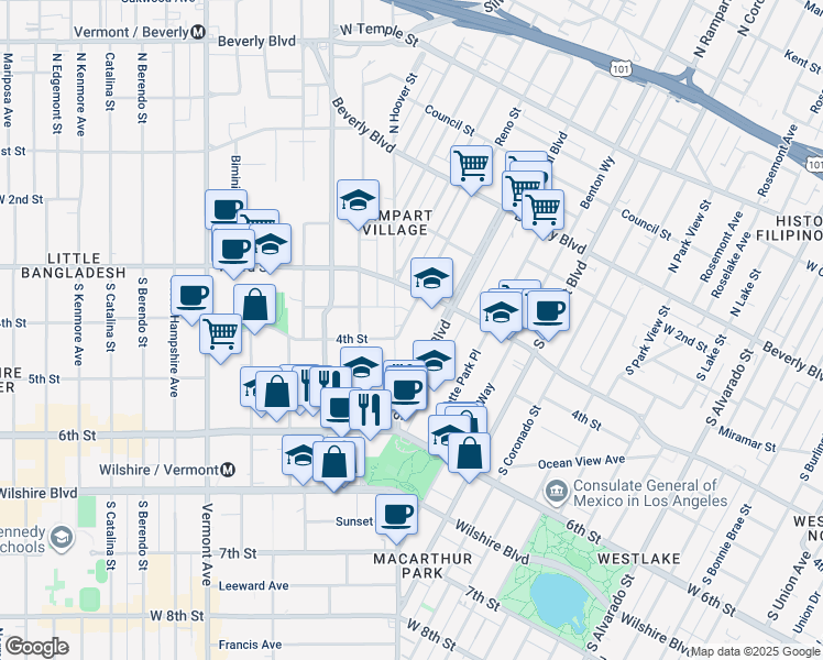 map of restaurants, bars, coffee shops, grocery stores, and more near 400 South Hoover Street in Los Angeles