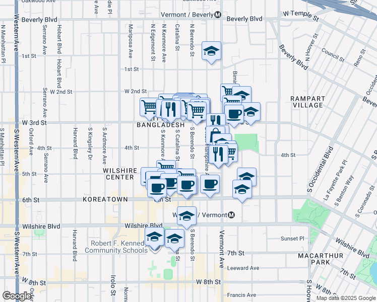 map of restaurants, bars, coffee shops, grocery stores, and more near 433 South Berendo Street in Los Angeles