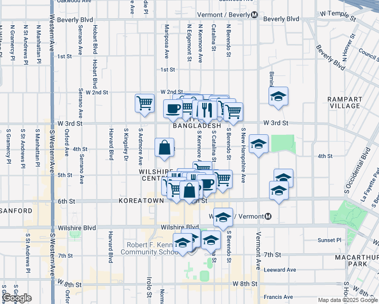 map of restaurants, bars, coffee shops, grocery stores, and more near 420 South Alexandria Avenue in Los Angeles