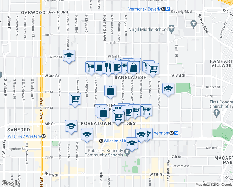 map of restaurants, bars, coffee shops, grocery stores, and more near 422 South Mariposa Avenue in Los Angeles