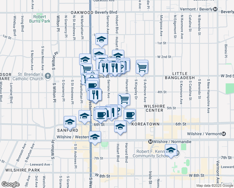 map of restaurants, bars, coffee shops, grocery stores, and more near 433 South Hobart Boulevard in Los Angeles