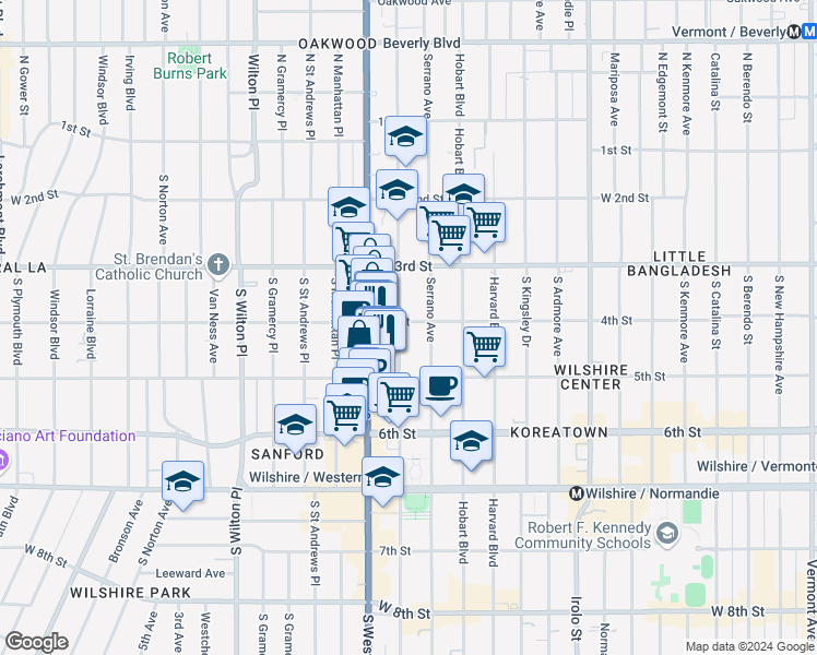 map of restaurants, bars, coffee shops, grocery stores, and more near 415 South Oxford Avenue in Los Angeles