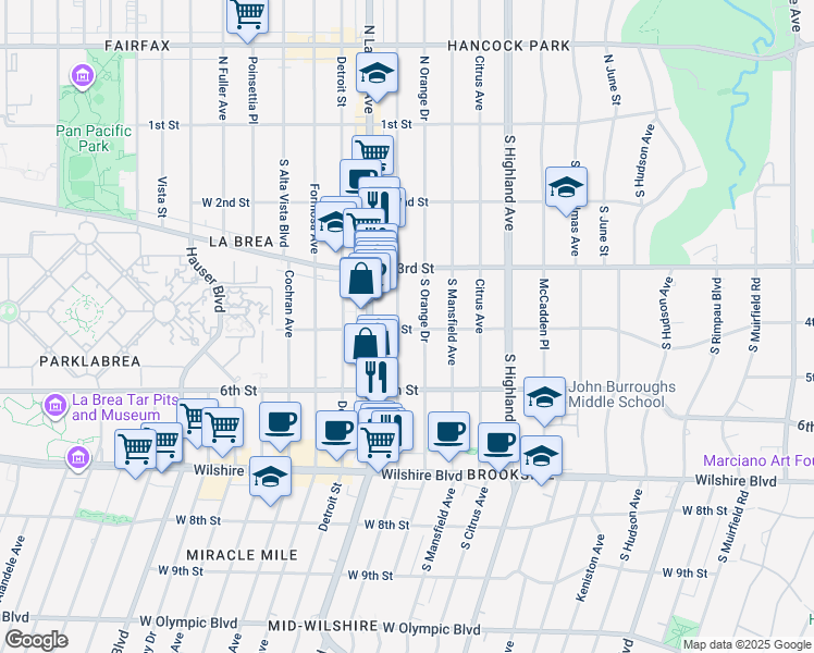 map of restaurants, bars, coffee shops, grocery stores, and more near 412 South Sycamore Avenue in Los Angeles