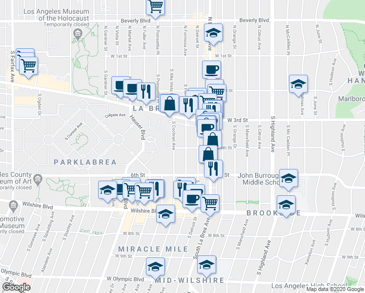 map of restaurants, bars, coffee shops, grocery stores, and more near 408 South Cochran Avenue in Los Angeles