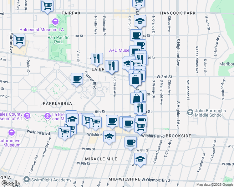 map of restaurants, bars, coffee shops, grocery stores, and more near 408 South Cochran Avenue in Los Angeles