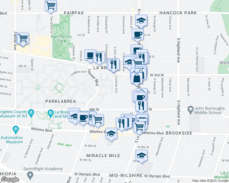 map of restaurants, bars, coffee shops, grocery stores, and more near 408 South Cochran Avenue in Los Angeles