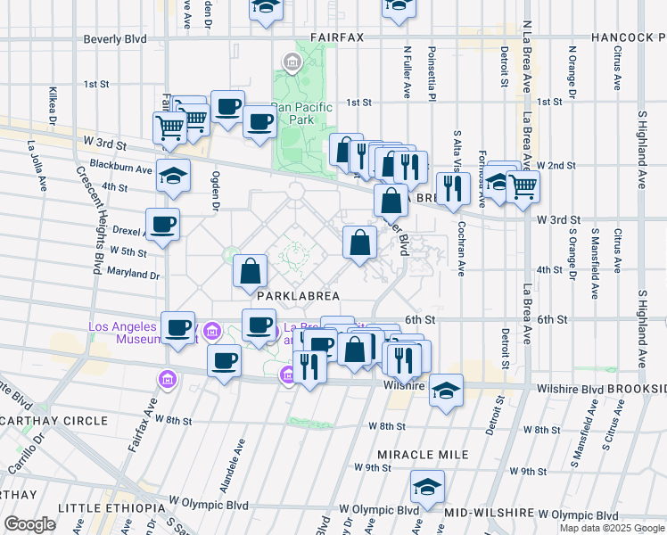 map of restaurants, bars, coffee shops, grocery stores, and more near 430 South Fuller Avenue in Los Angeles