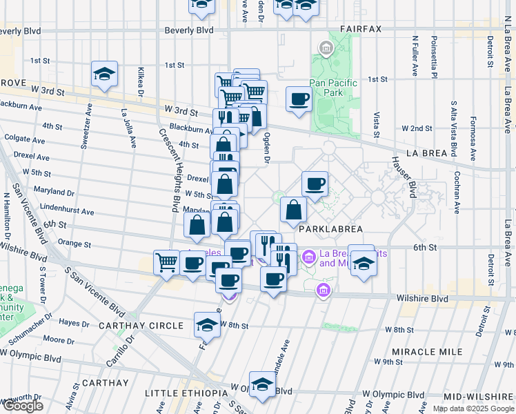 map of restaurants, bars, coffee shops, grocery stores, and more near 519 South Orange Grove Avenue in Los Angeles