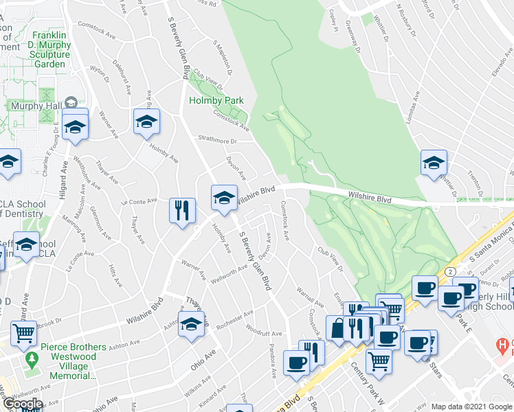 map of restaurants, bars, coffee shops, grocery stores, and more near 10330 Ashton Avenue in Los Angeles