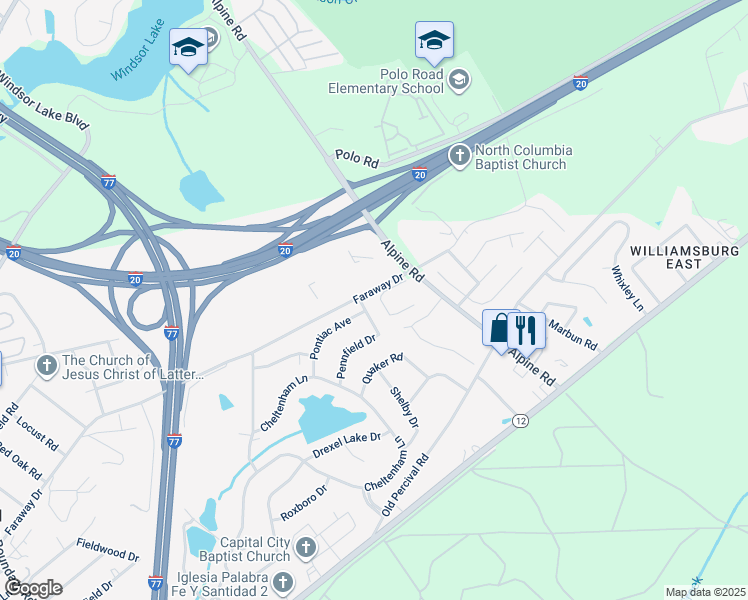 map of restaurants, bars, coffee shops, grocery stores, and more near 1809 Pennfield Drive in Columbia