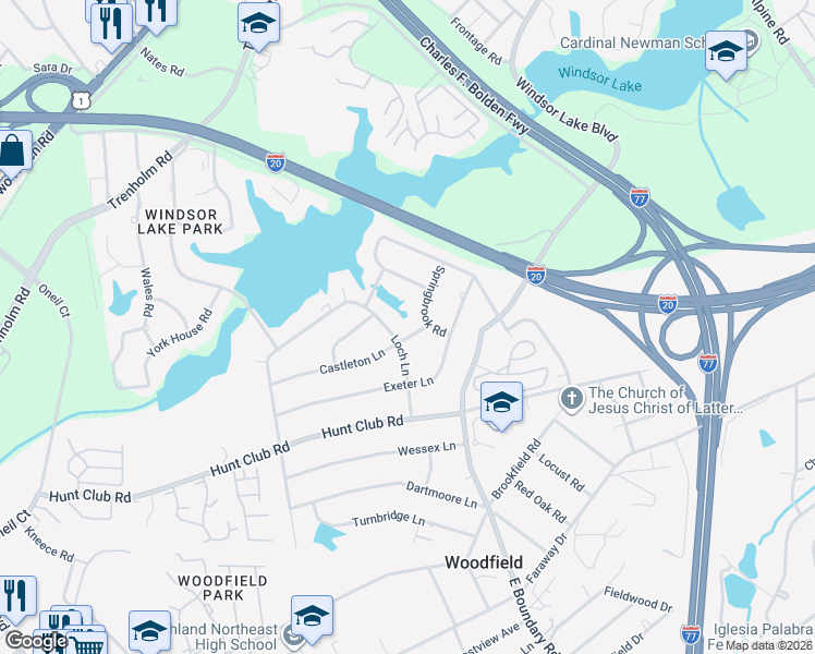 map of restaurants, bars, coffee shops, grocery stores, and more near 7900 Castleton Lane in Columbia
