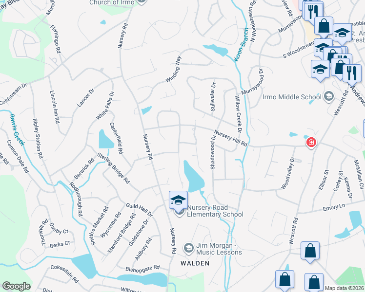 map of restaurants, bars, coffee shops, grocery stores, and more near 124 Rusty Barn Road in Columbia