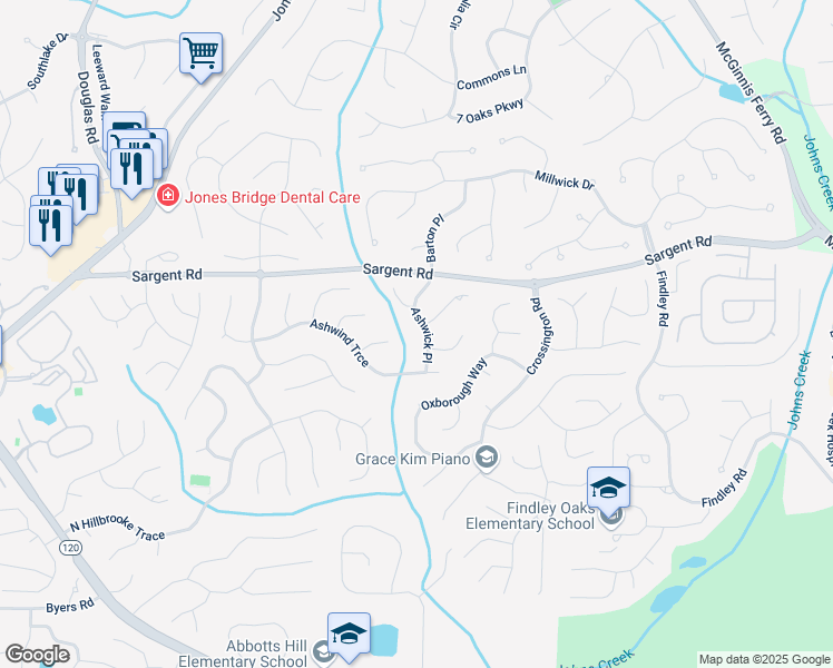 map of restaurants, bars, coffee shops, grocery stores, and more near 11770 Ashwick Place in Alpharetta