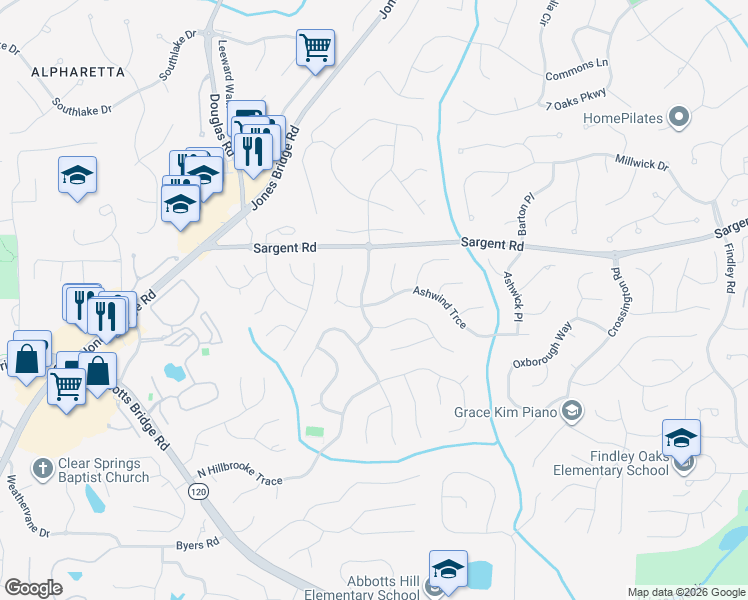 map of restaurants, bars, coffee shops, grocery stores, and more near 5475 Ashwind Trce in Alpharetta