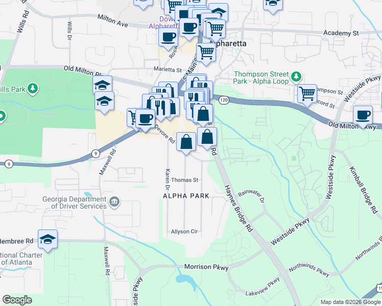 map of restaurants, bars, coffee shops, grocery stores, and more near 54 Devore Road in Alpharetta