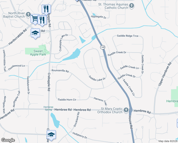 map of restaurants, bars, coffee shops, grocery stores, and more near 335 Saddle Lake Drive in Roswell