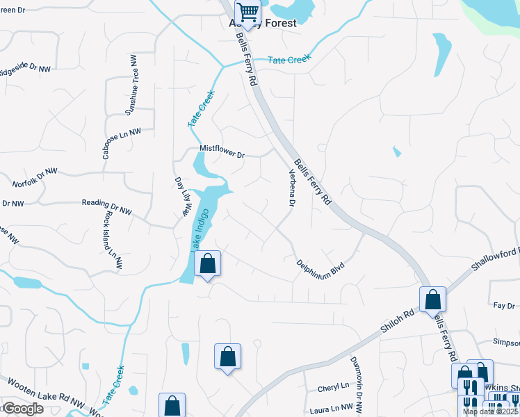 map of restaurants, bars, coffee shops, grocery stores, and more near 607 Delphinium Boulevard in Acworth