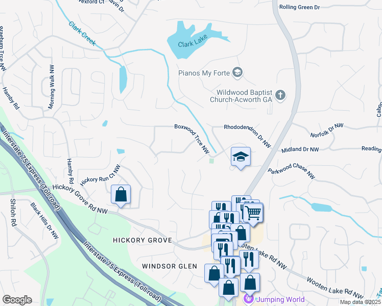 map of restaurants, bars, coffee shops, grocery stores, and more near 4601 Aucuba Drive in Acworth