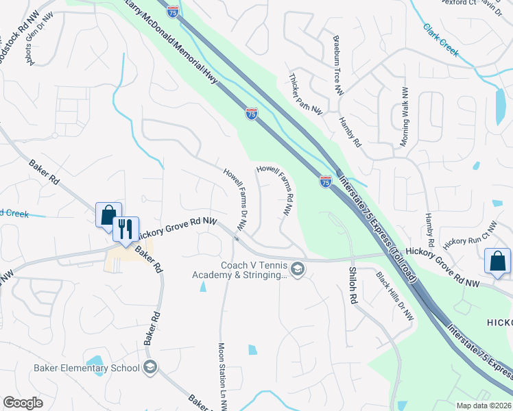 map of restaurants, bars, coffee shops, grocery stores, and more near 4509 Howell Farms Road Northwest in Acworth